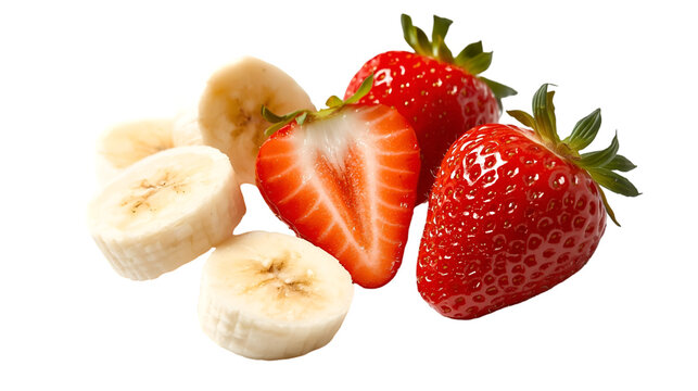 Fresh Strawberries and Sliced Bananas on Black Background