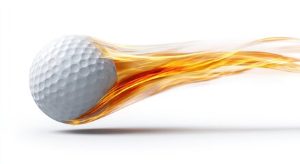 A white golf ball in motion, trailing a vibrant, flowing stream of orange and yellow flames against a stark white background.  The image suggests speed and power