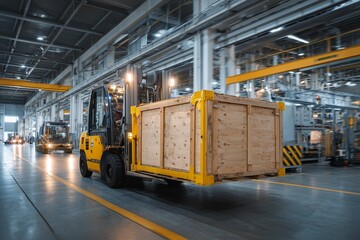 Naklejka premium Yellow forklift moving wooden crate inside industrial warehouse.