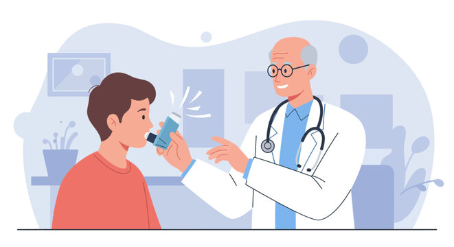 Healthcare professional guiding a young adult male patient on proper inhaler use for respiratory relief and asthma management during a medical consultation in a clinic setting