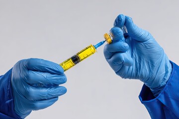 Person in blue gloves preparing a syringe filled with yellow liquid for injection