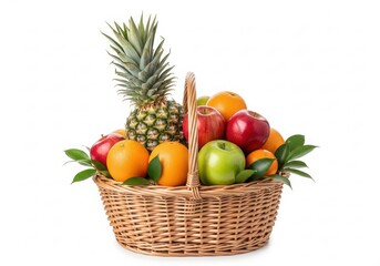Illustration of fresh fruits in a wicker basket isolated on white background, healthy food