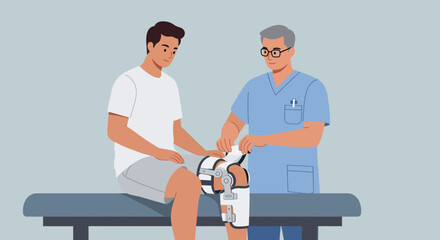 Physiotherapist assisting a patient with knee brace for injury rehabilitation and care in medical treatment
