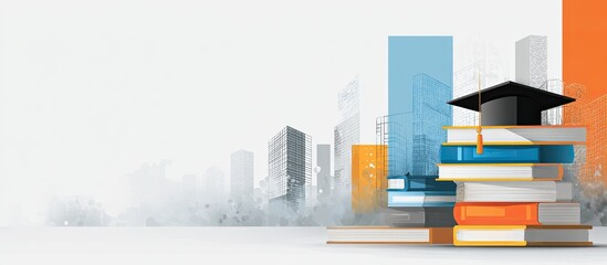 A stylized illustration of education, a stack of books under a graduation cap with urban background