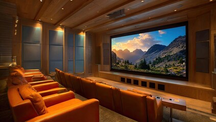 Interior of a home theater, with orange leather seating, large screen, and wood paneling
