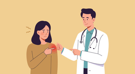 Doctor examining a patient's shoulder pain, illustrating a medical consultation and diagnosis