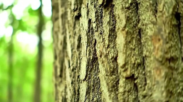 Beautiful Close-Up of Rugged Tree Bark Surface in a Vibrant Green Forest Setting with Sunlight and Blurred Foliage Background Organic Nature Texture