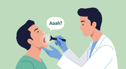 A doctor in a white coat uses a flashlight to examine a male patient's open mouth and throat during a medical check-up
