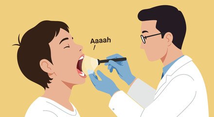 Doctor examining a patient's throat with a tongue depressor in a medical checkup illustration