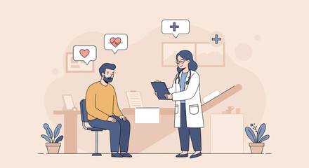 A female doctor provides medical consultation and advice to a male patient during a clinic visit for a health checkup and examination