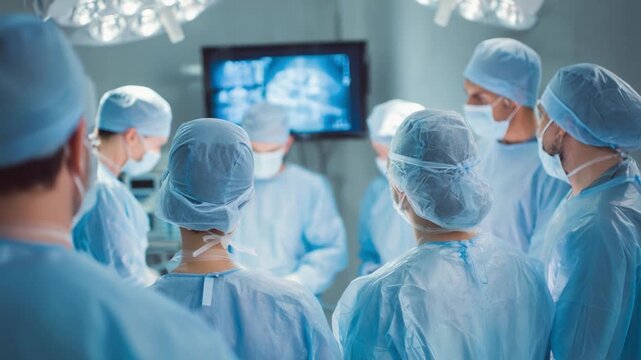 Surgeons Collaborate in an Operating Room, Focusing on a Surgical Procedure with High-Tech Equipment and Teamwork Under Bright Medical Lights