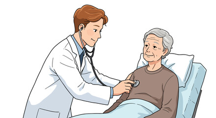 Doctor examining an elderly patient with a stethoscope, depicting a medical consultation and healthcare