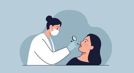 Illustration of a medical professional performing a dental examination on a patient