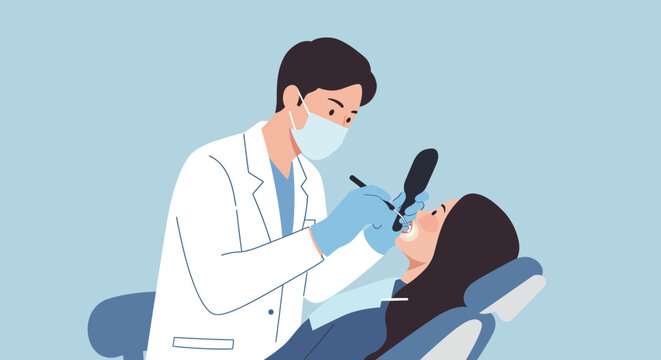 Professional male dentist performing a routine oral examination on a female patient in a modern dental clinic, focusing on comprehensive dental care and check-up for healthy teeth