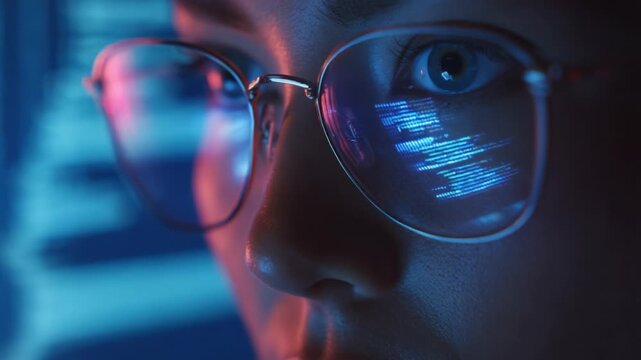 A focused gaze reveals the intricate world of coding and technology through reflective glasses, highlighting the interplay between the digital and the human experience.