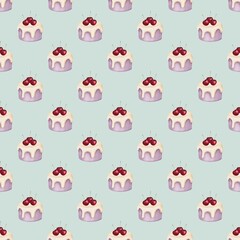 This seamless pattern features evenly spaced cute mini-cakes or cupcakes, each topped with white icing and a cluster of red cherries. The desserts are set against a soft, light mint blue background, 