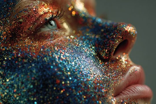 Close up of person's face with artistic glitter makeup design in blue, gold, and copper colors, showing detail of eye and nose - Powered by Adobe