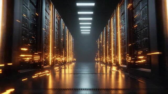 A Futuristic Data Center with Illuminated Server Racks and Dynamic Energy Flowing Through the Aisle, Showcasing Advanced Technology and High-Performance Computing
