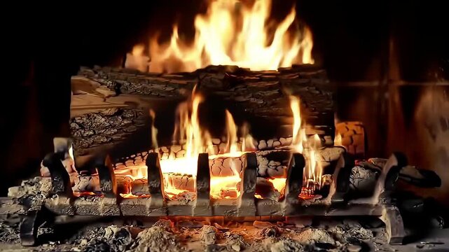 Warm Fireplace Ambiance with Bright Golden Flames Burning on Wooden Logs and Glowing Embers Creating a Relaxing Cozy Atmosphere for Home Comfort