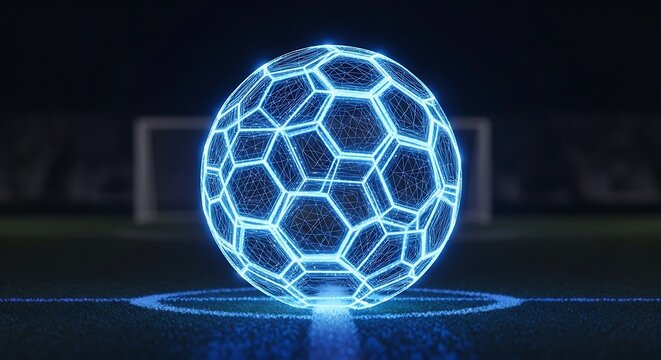 Futuristic neon soccer ball design for cutting-edge sports tech, innovative training programs and digital sports marketing campaigns