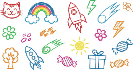 Vector art of collection of handdrawn colorful elements for children