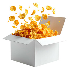 A white box overflowing with yellow, corn-based cereal; some pieces are airborne