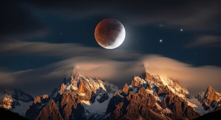 Stunning blood moon lunar eclipse over snowcapped mountains at twilight, with dramatic clouds and stars
