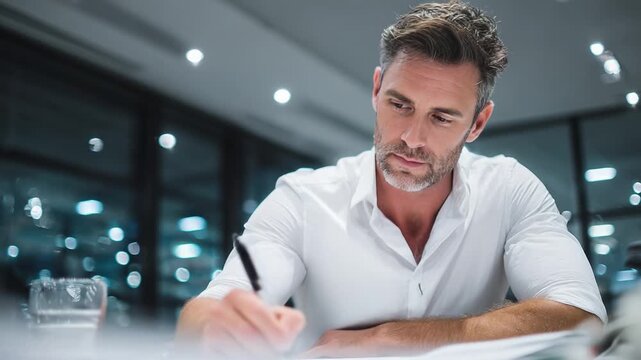A focused man diligently writing notes at a modern office desk, capturing the essence of productivity and concentration in a well-lit workspace.