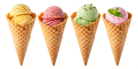 Delicious Ice Cream Cones with  Scoops – Sweet Dessert Treat Isolated on White Background, Summer Food Concept with Waffle Cones and Creamy Frozen 