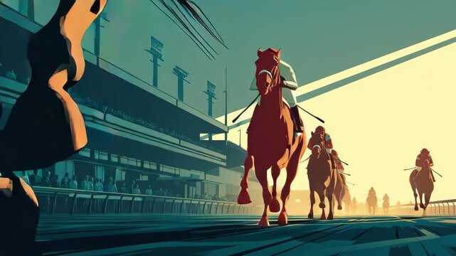 A dynamic race scene featuring jockeys on horses competing at a racetrack.