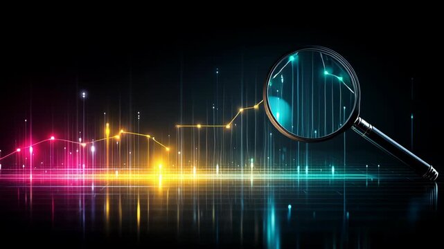 A magnifying glass focusing on colorful data visualizations and graphs.