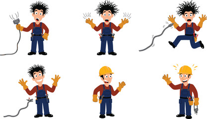 Cartoon electrician character set showing electrical safety, shock hazard, repair, maintenance, danger, protection, hard hat, vector illustration design concept