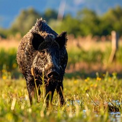 Wild boar in a meadow at sunrise