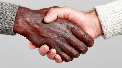 Two hands shaking in a handshake. The man's hand is black and the woman's hand is white