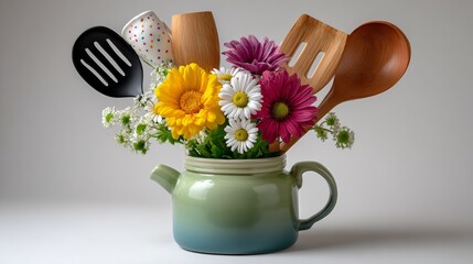 A green tea pot with a bunch of flowers and kitchen utensils in it. The flowers are yellow, pink, and white, and the utensils include a spatula, a spoon, and a whisk