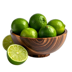 A wooden bowl filled with green limes, some whole, others sliced, on a black background