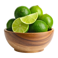 A wooden bowl overflowing with vibrant green limes and a single slice, on a black background