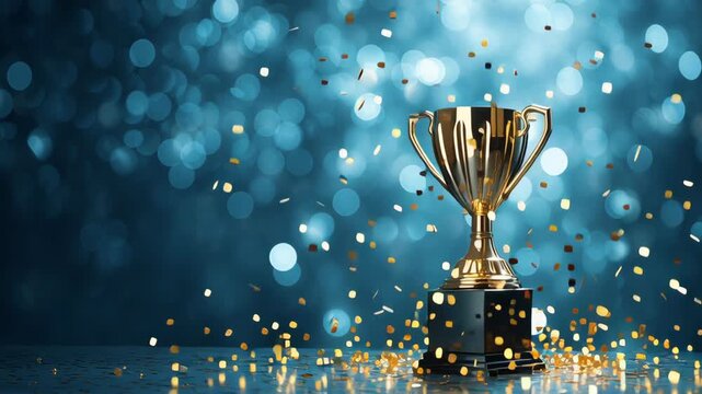 A shiny trophy surrounded by sparkling confetti on a blurred blue background.