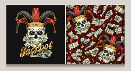 Label, seamless pattern with Joker skull, scattered golden dollar symbol, flying 100 dollar bills. Mouth of skull is full of cash money. Concept of luck, success, win jackpot