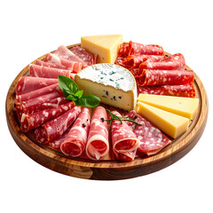 A wooden circular board laden with an assortment of cured meats and cheeses