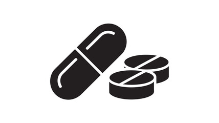Pill and tablet icon simple black glyph vector illustration isolated on white background for medical or pharmaceutical design