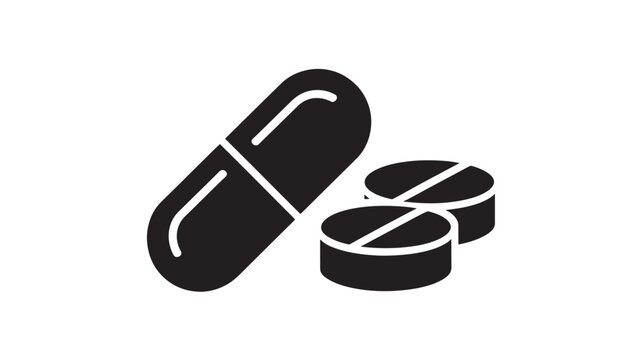 Pill and tablet icon simple black glyph vector illustration isolated on white background for medical or pharmaceutical design