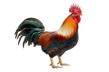 Fototapeta premium A vibrant rooster isolated on transparent background, showcasing its colorful plumage, including orange neck feathers, a red comb, and a green tail, standing tall