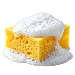 A yellow, porous cleaning tool drenched in bubbly, white suds