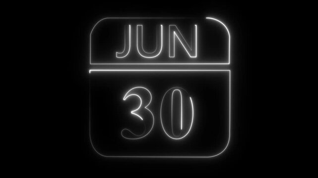 Neon calendar icon showing June 30th date on black background thirty