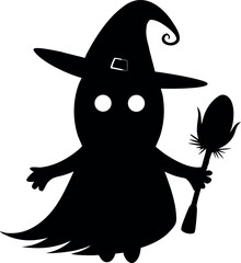 Halloween Playful Ghost Wearing a Witch Hat Holding a Broom