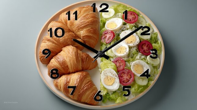 Clock is shown with the hands on the numbers 1 and 12. The clock is divided into three sections, each representing a different food item. The left section is a plate of croissants - Powered by Adobe