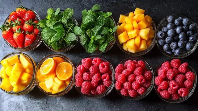 Colorful display of mixed fruit bowls with strawberries, blueberries, raspberries, mango chunks, citrus slices and mint greens arranged on a dark slate surface for vibrant eating