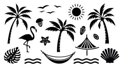 Fototapeta premium A tropical beach and surf-themed vector set with palm trees, waves, surfboards, a van, flamingos, and ocean elements in a bold black silhouette style. 