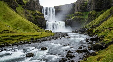 A scenic waterfall flowing through a rocky landscape in iceland
